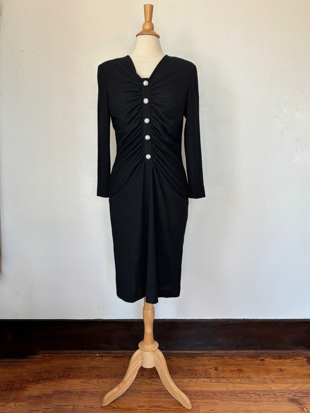 Vintage Pure Wool Black Ruched Button-Front Knit Rhinestone Dress